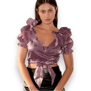NWT Lulus Master of Style Mauve Purple Puff Sleeve Cropped Wrap Top Size Medium